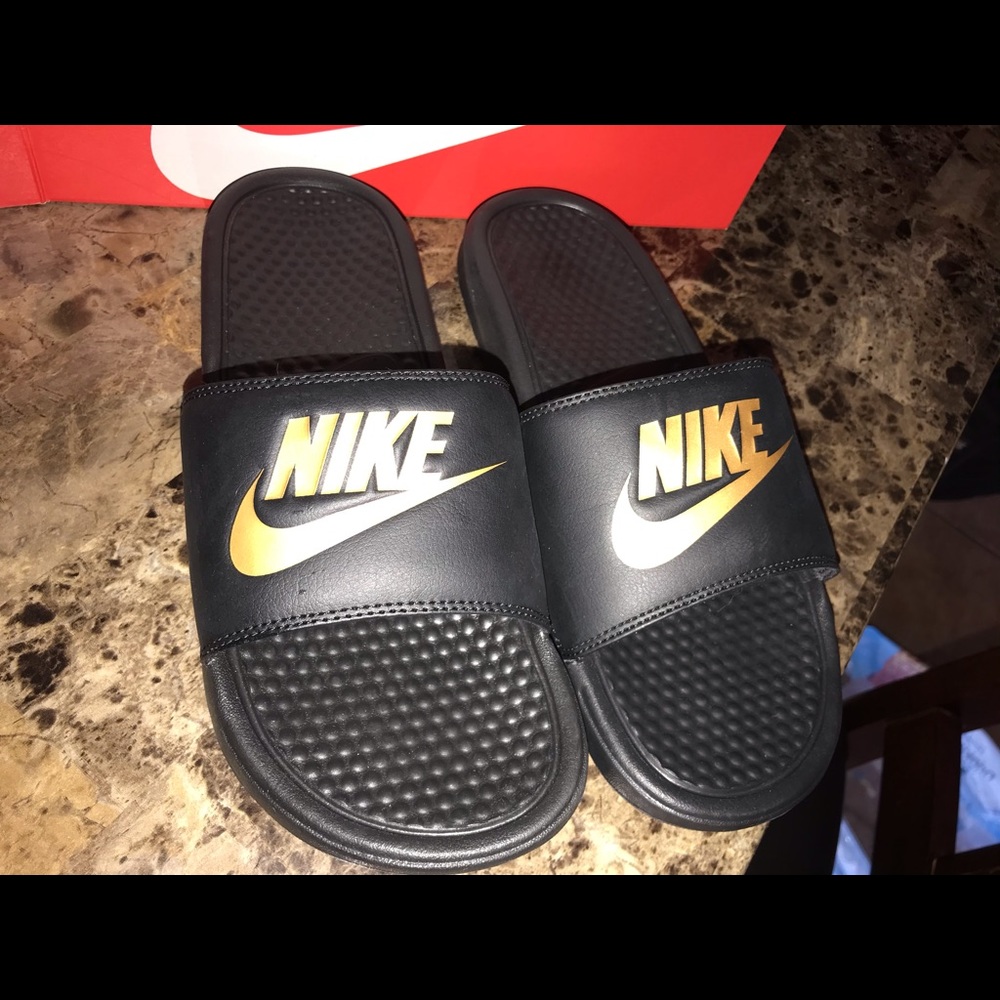 Black/ Metallic Gold Sandals.